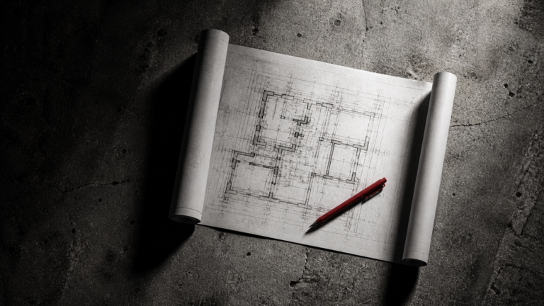 Planta estratégica sobre concreto representando o processo de desenvolvimento de estratégia de marca — Rebellum Studio