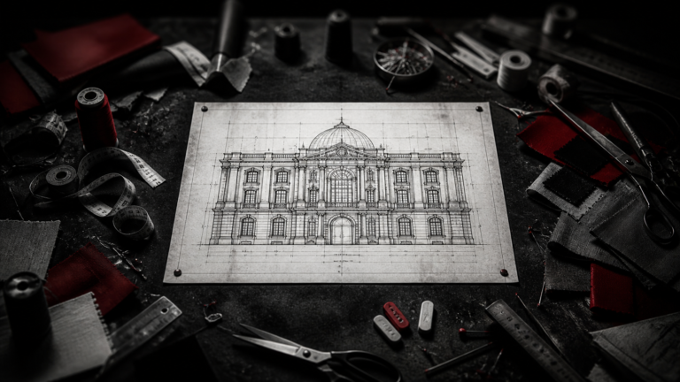 Mesa de trabalho com projeto arquitetônico em foco cercado de ferramentas genéricas desfocadas — representando a diferença entre designer especialista e generalista para escritórios de arquitetura — Rebellum Studio