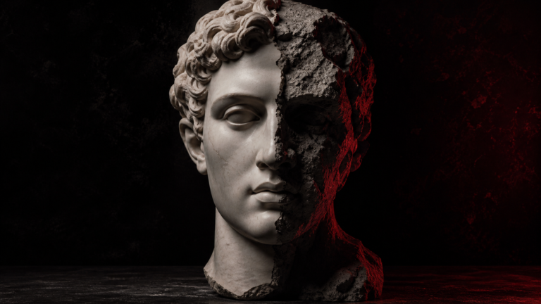 Busto de mármore partido ao meio representando a diferença entre marca real e marca percebida — Rebellum Studio