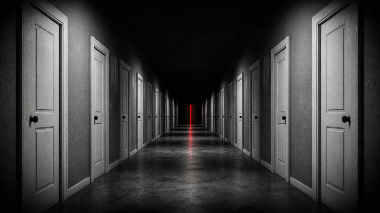 Corredor de portas idênticas com uma entreaberta revelando luz vermelha — representando a escolha da agência de branding certa — Rebellum Studio