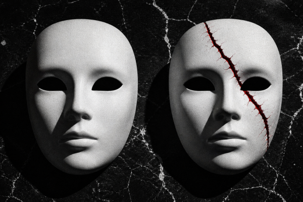 Duas máscaras idênticas com uma rachadura vermelha representando diferenciação de identidade visual entre marcas concorrentes — Rebellum Studio