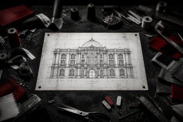 Mesa de trabalho com projeto arquitetônico em foco cercado de ferramentas genéricas desfocadas — representando a diferença entre designer especialista e generalista para escritórios de arquitetura — Rebellum Studio