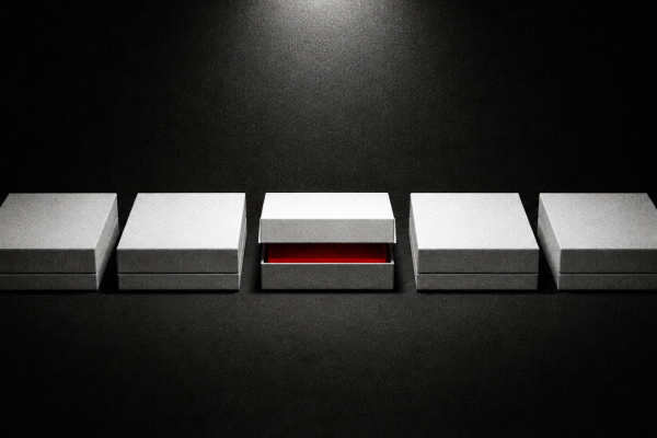 Cinco caixas idênticas com uma aberta revelando interior vermelho — representando diferenciação entre empresas de identidade visual — Rebellum Studio
