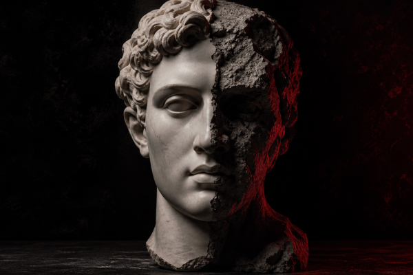 Busto de mármore partido ao meio representando a diferença entre marca real e marca percebida — Rebellum Studio