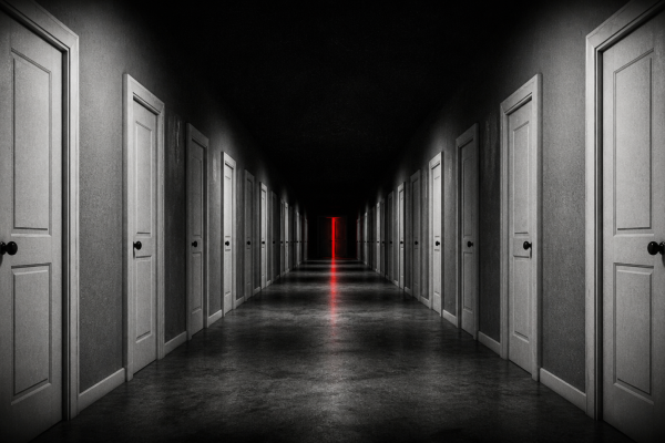 Corredor de portas idênticas com uma entreaberta revelando luz vermelha — representando a escolha da agência de branding certa — Rebellum Studio